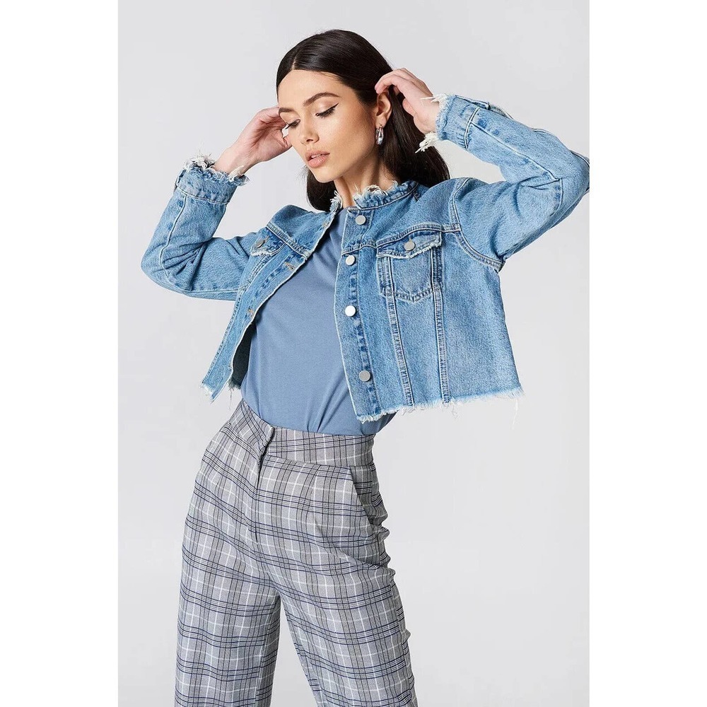 Revolve NA-KD Raw Hem Cropped Short Denim Jacket Blue Women's Size 32 (XXS)